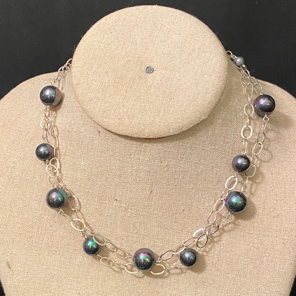 Double-strand Link Necklace Tahitian Style Iridescent Peacock Pearls 925 Clasp
